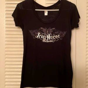 Women’s black short sleeve with silver lettering size small